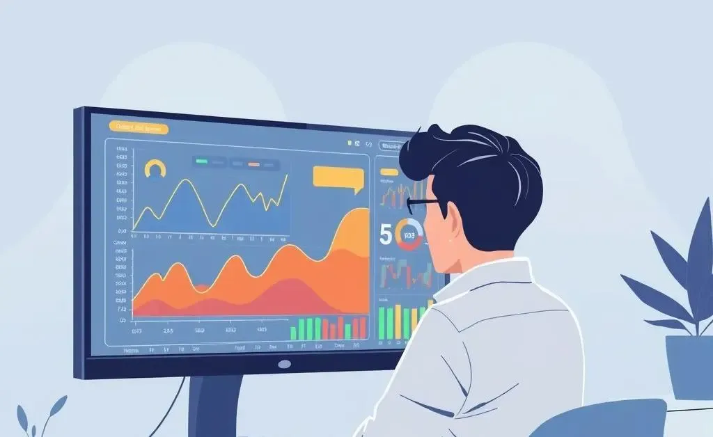 A modern, minimalist illustration of a person analyzing market trends on a computer screen
