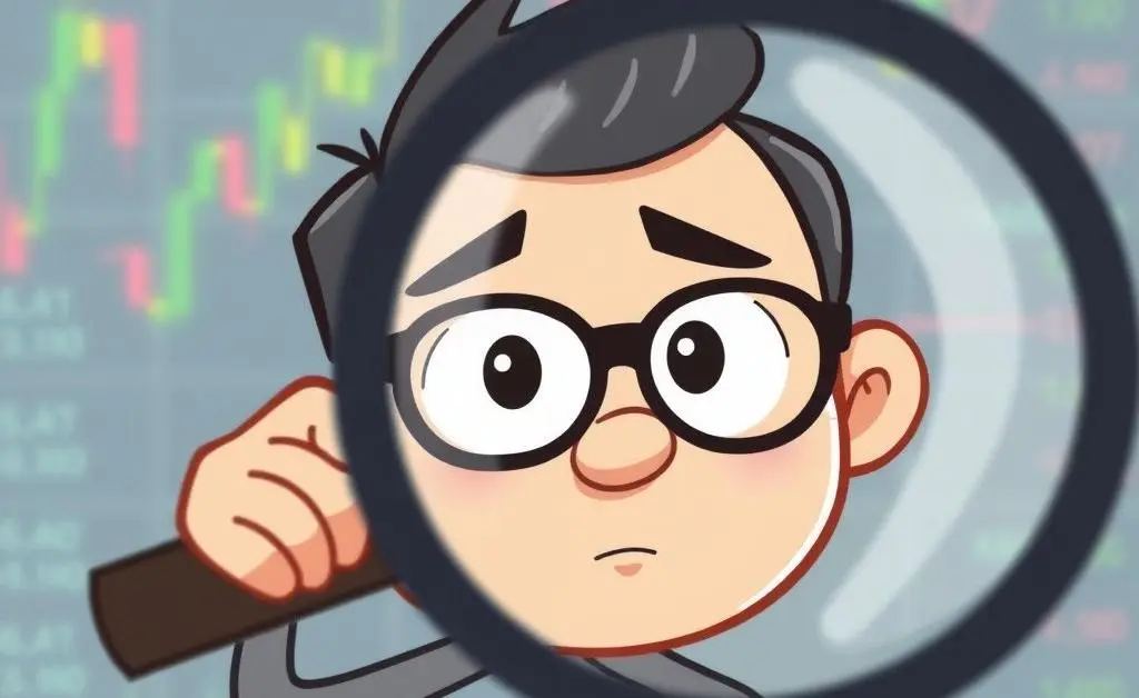 A cartoon character looking through a magnifying glass at a stock market chart.