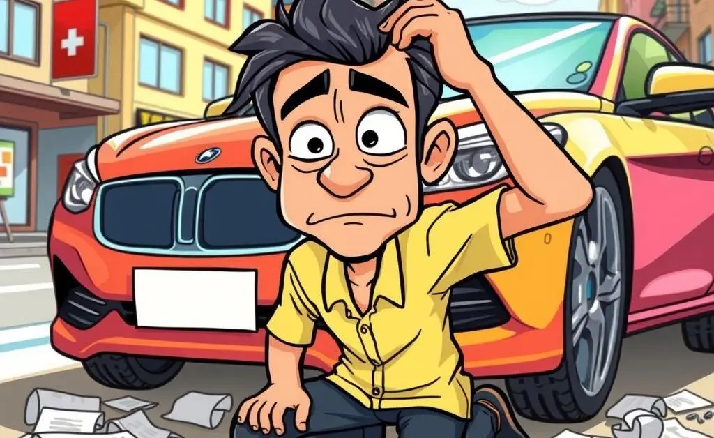 A person scratching their head with a car and insurance papers on the floor.