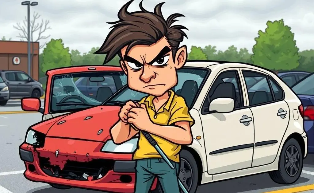 Cartoon of a frustrated driver holding a golf club near a damaged car.