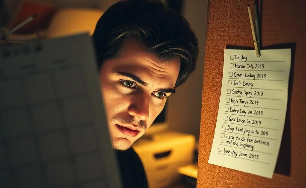An employee looking worried at their desk, with a calendar showing highlighted dates.