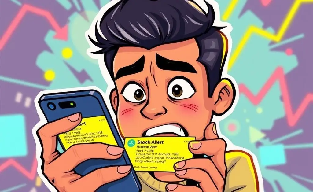 A person holding a phone looking at stock alerts.