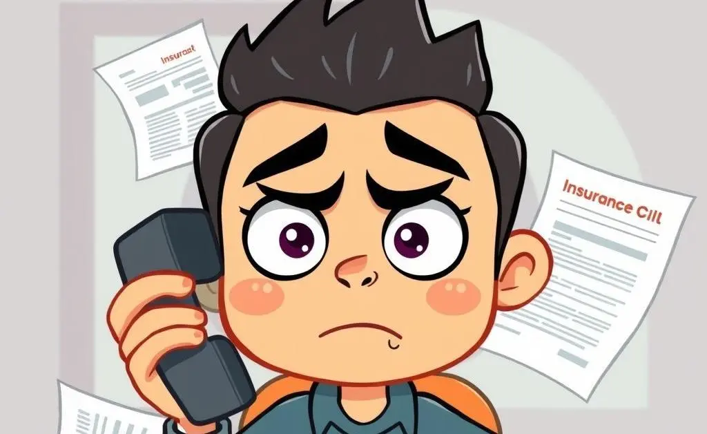 A cartoon character looking anxious while holding a phone, surrounded by insurance documents.