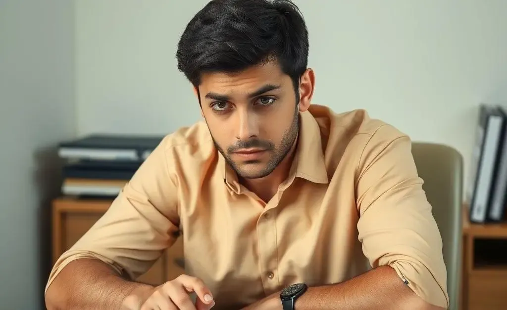 An individual sitting at a desk, looking thoughtful and a bit anxious, with financial documents spread out.