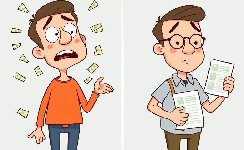 Before and after cartoon of an anxious person becoming calm with budget planning.