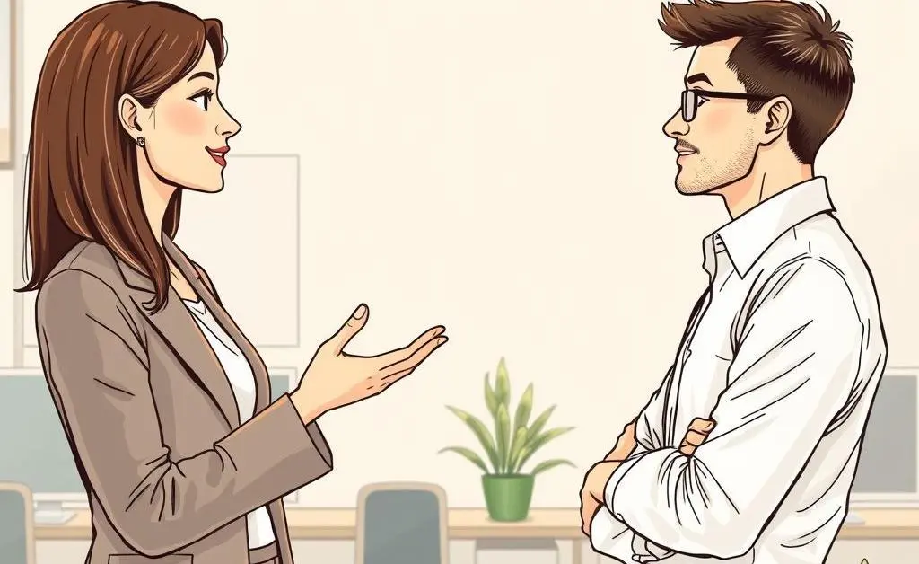 A person talking to a coworker, both looking understanding