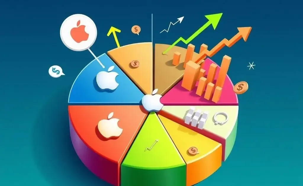 Illustration of an investment pie chart with Apple logos and financial growth symbols.