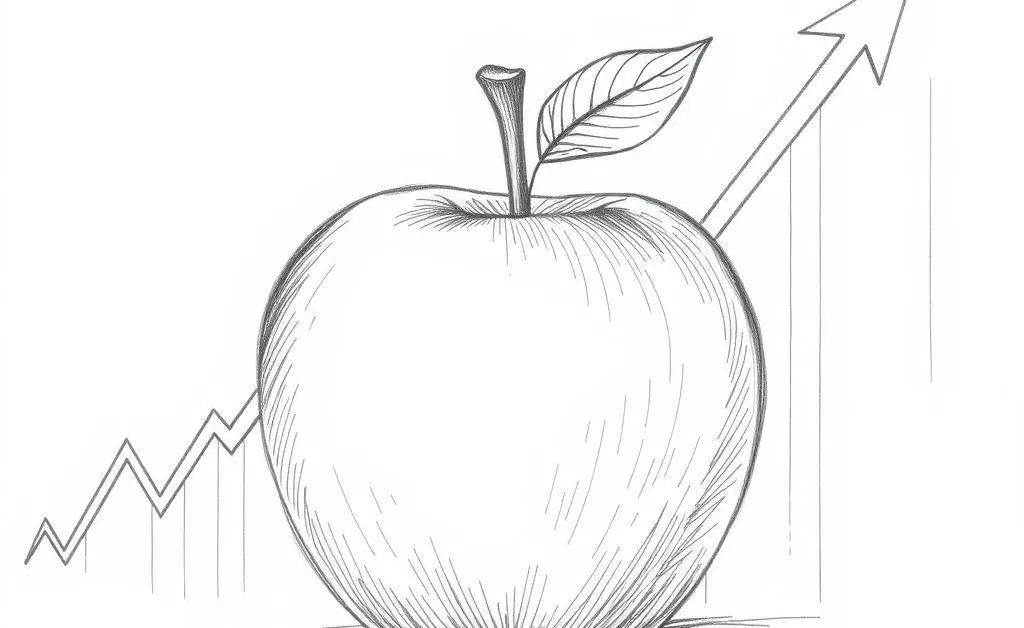 A hand-drawn image of an apple within an upward trending stock market chart.