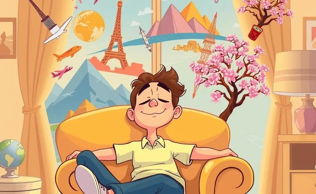 A playful cartoon of a person dreaming of travel adventures while sitting in an armchair.