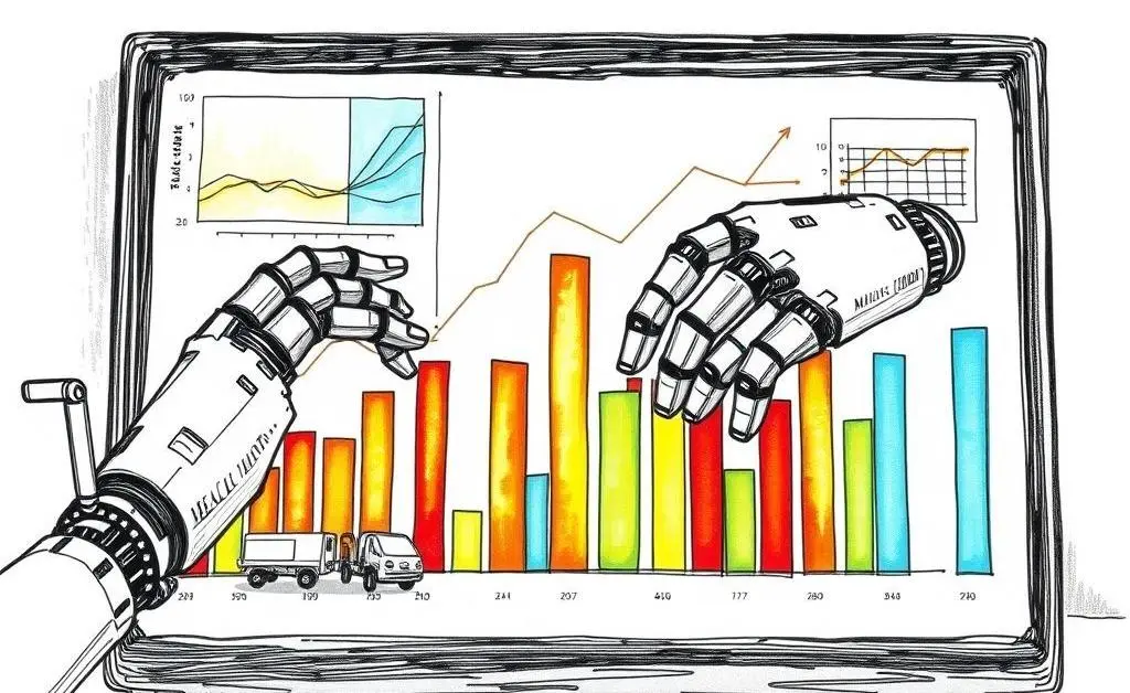 AI graphs and charts manipulated by robot hands