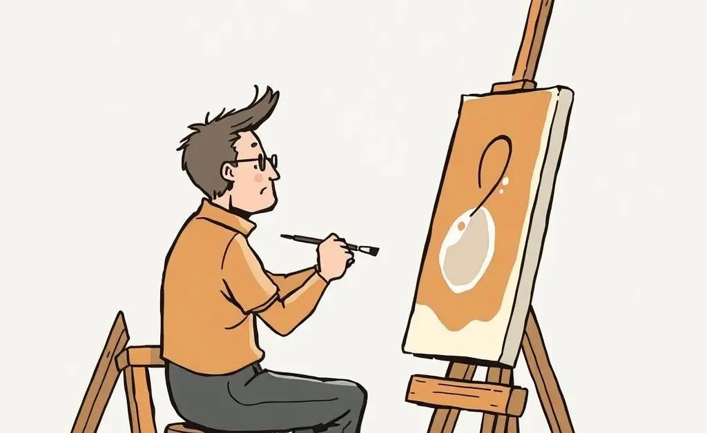 Cartoon of an artist painting at an easel, capturing the slow and careful process of creation.