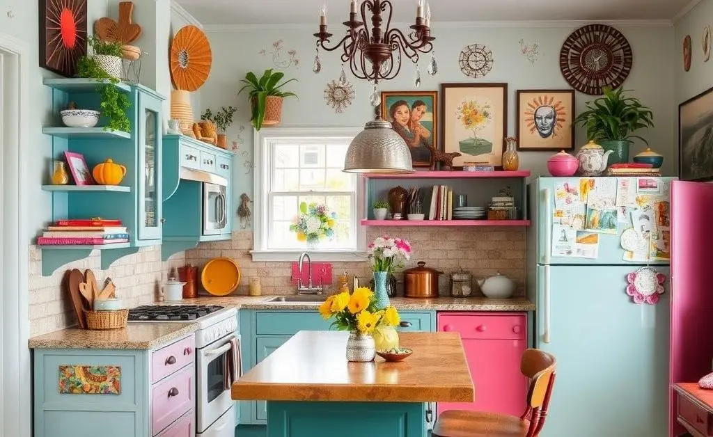 An artistically decorated kitchen with vibrant colors and eclectic decor.