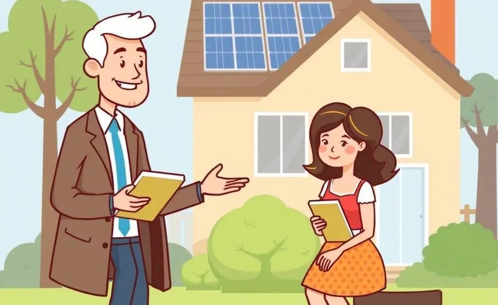 A cartoon visualization of a friendly expert giving advice to a couple about solar leases.
