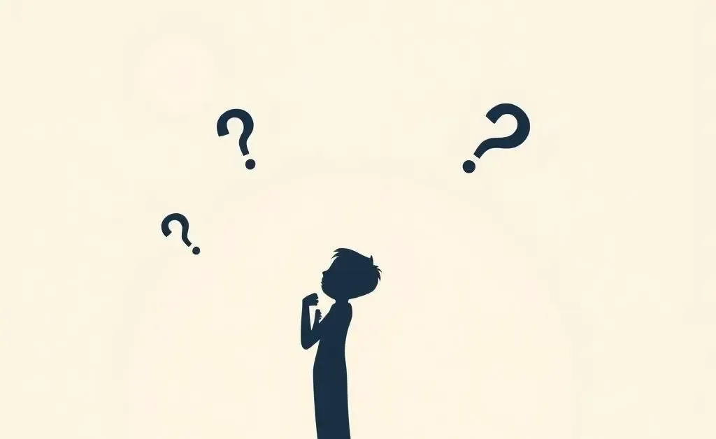 A minimalist image of a person asking questions with question marks around them.