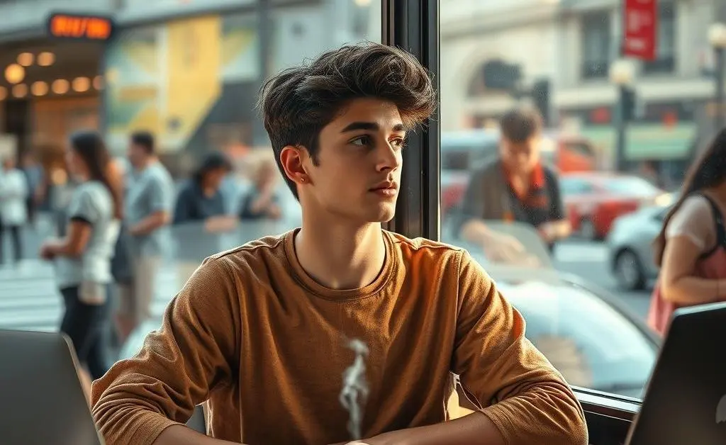 A freelancer daydreaming in a cafe about financial independence.