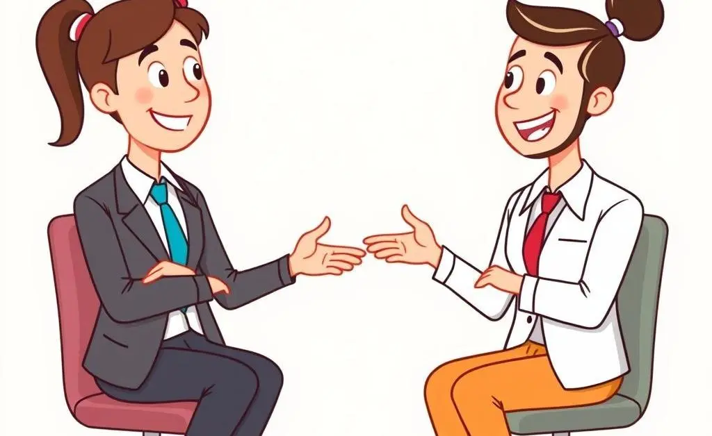 A friendly cartoon scene showing two colleagues in a positive and assertive conversation setting