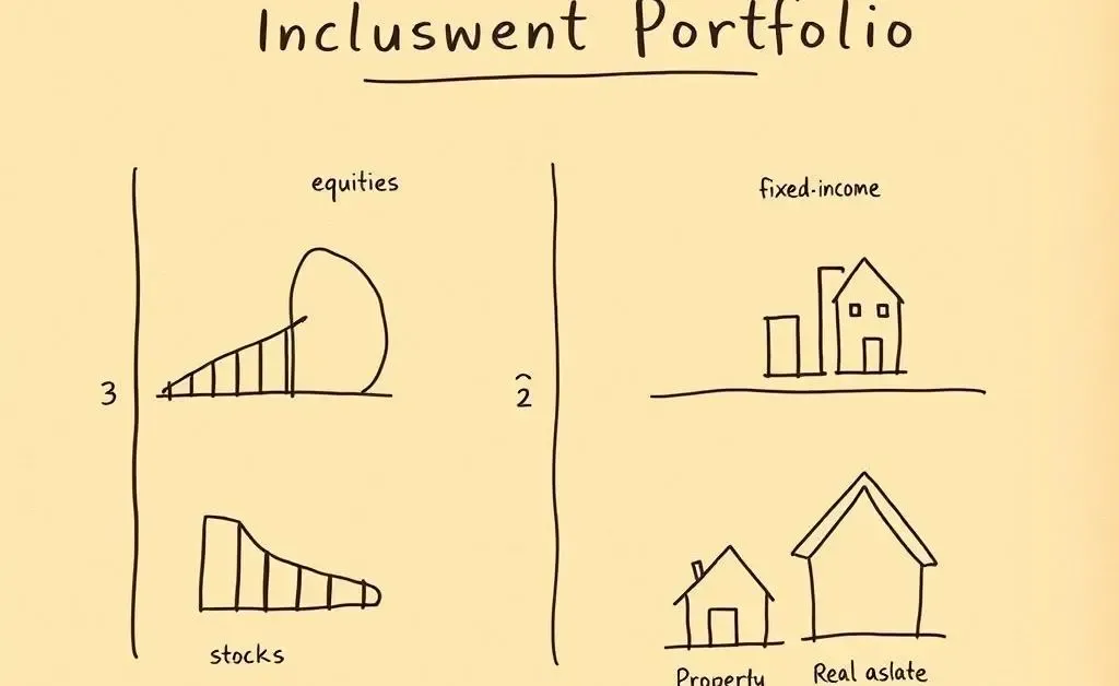 Hand-drawn chart showing a diverse portfolio allocation with stocks, bonds, and real estate.