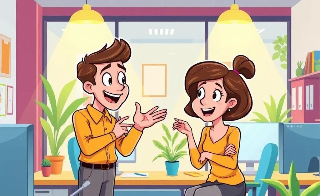 A cartoon-style image of two people having a light-hearted discussion in an office setting.
