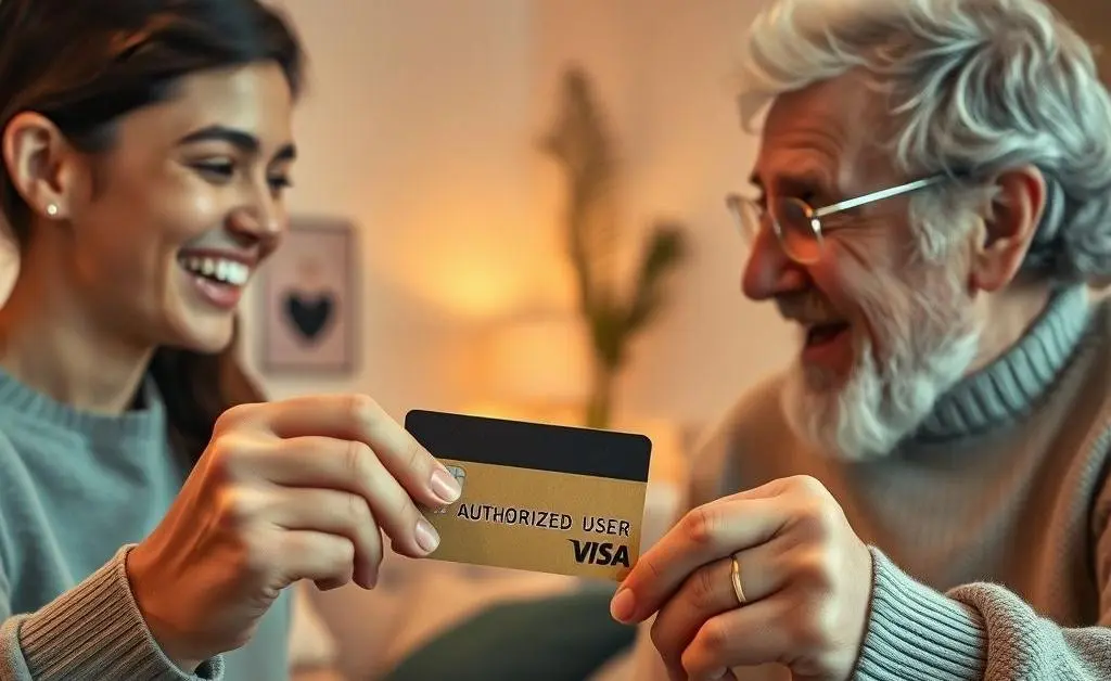 A young person happily receiving a credit card from an elder labeled with 'Authorized User'.