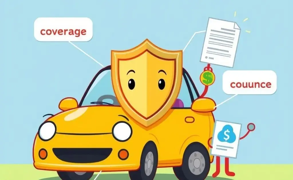 Cartoon-style breakdown of auto insurance components with icons and labels.