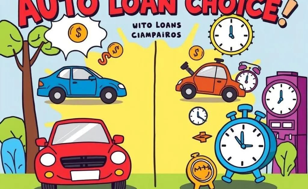 Cartoon-style graphic comparing different auto loan options