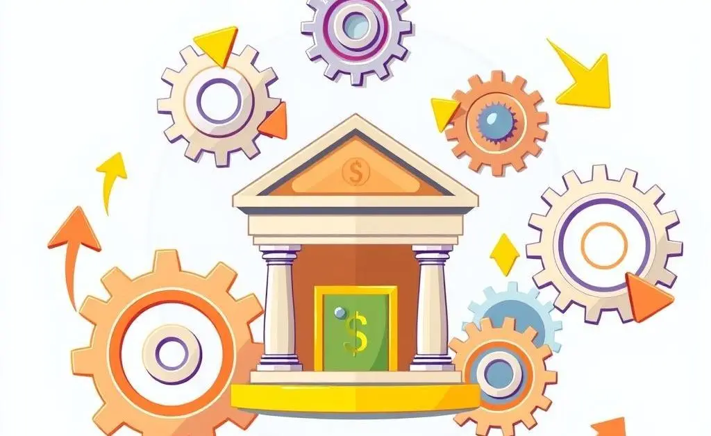 Cartoon-style image of gears and arrows surrounding a bank building, symbolizing automated processes