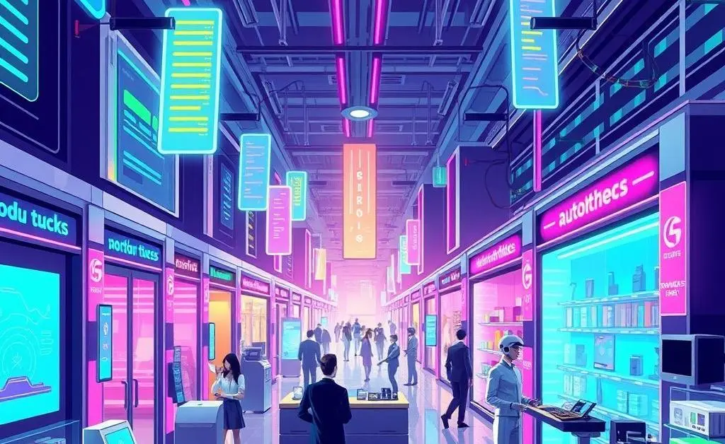 Illustration showing various automated business ideas like e-commerce and digital products.