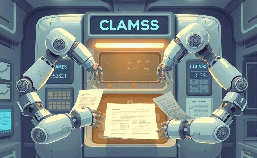 A futuristic claims processing machine with robotic arms handling paperwork.