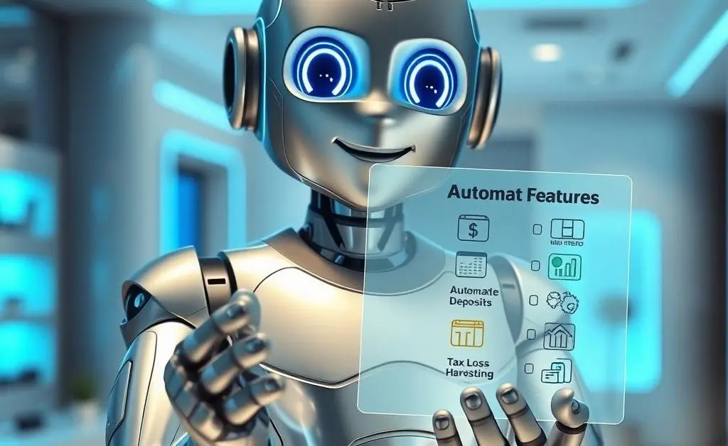 A friendly robot holding a checklist of automated features in investment accounts.