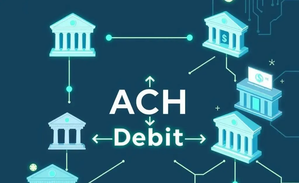 Illustration of an ACH debit flow with banks, accounts, and money transfer symbols.