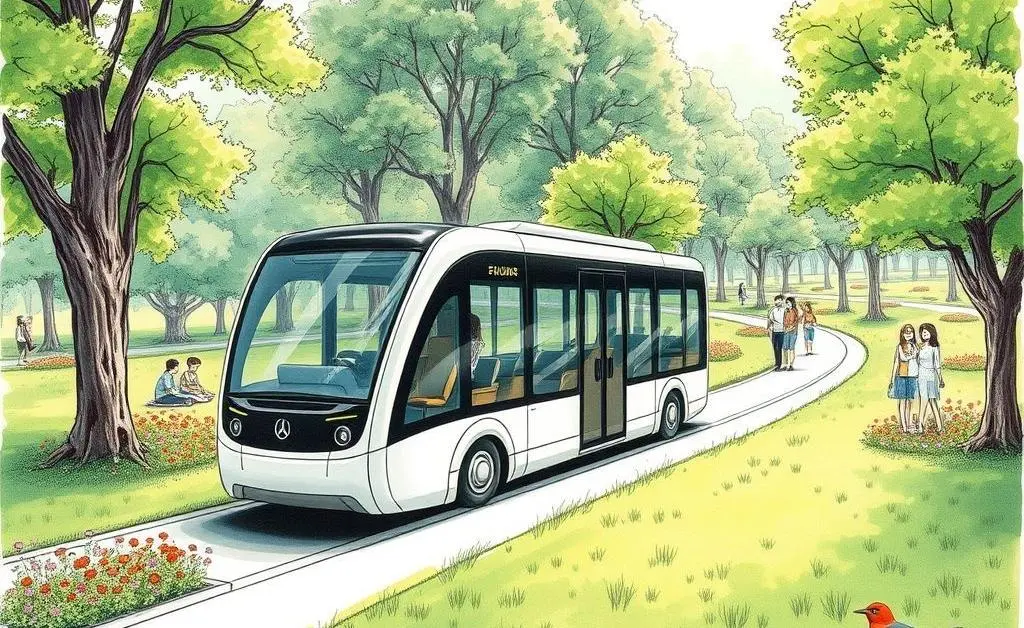 Hand-drawn visual of an autonomous shuttle bus navigating a park area.