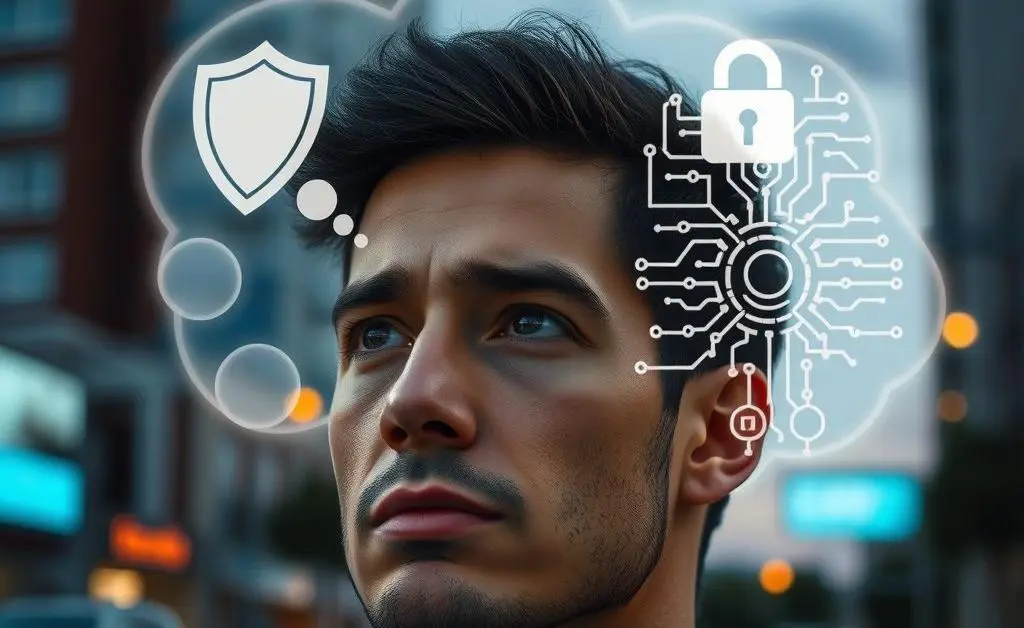 A thought bubble over a person's head showing different concerns about autonomous vehicles, such as safety, privacy, and technology