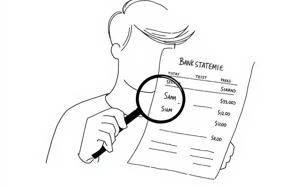 A minimalist drawing of a person looking at a bank statement with a magnifying glass, searching for unknown charges.