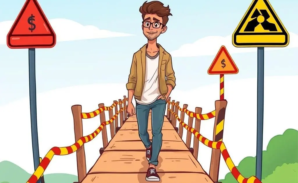 Person crossing a bridge with warning signs indicating potential mortgage pitfalls