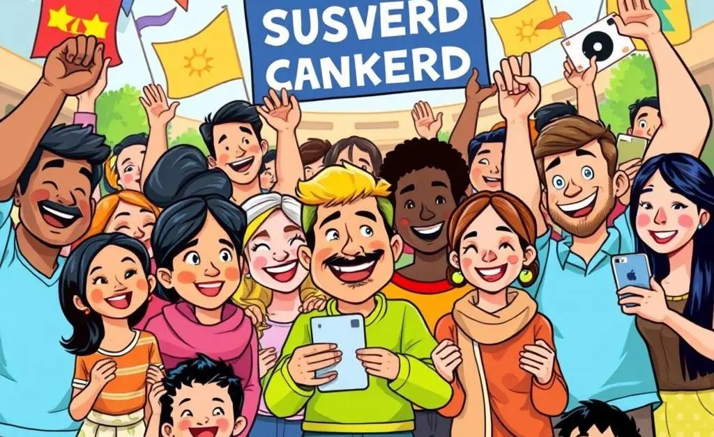 Illustration of a diverse community of backers contributing to a crowdfunding campaign