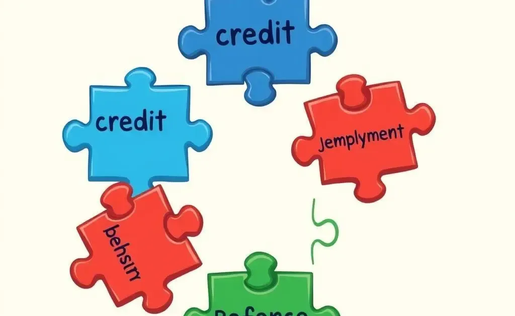 Cartoon of a jigsaw puzzle with pieces labeled 'credit', 'employment', 'references', coming together.