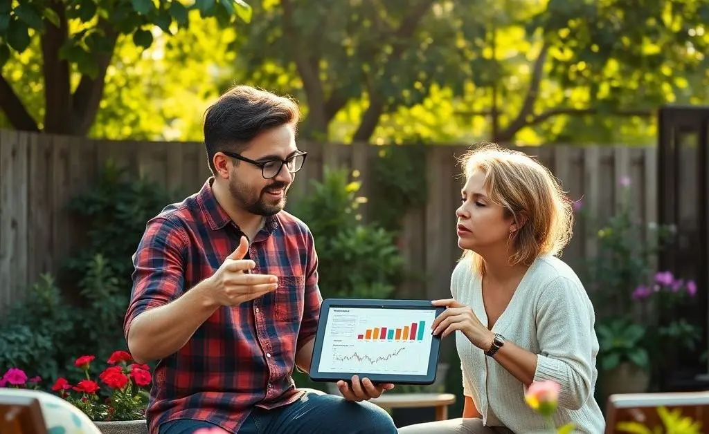 Two friends having a eureka moment about finance in their backyard.