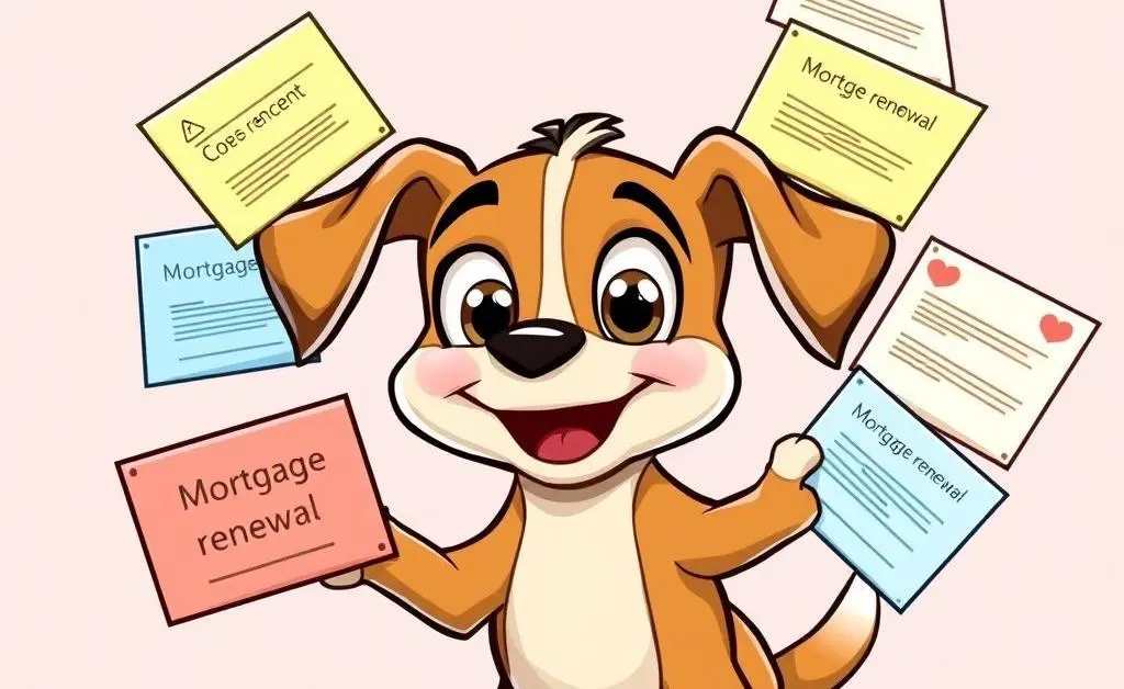 A cartoon of a dog juggling different mortgage renewal letters with a curious expression.