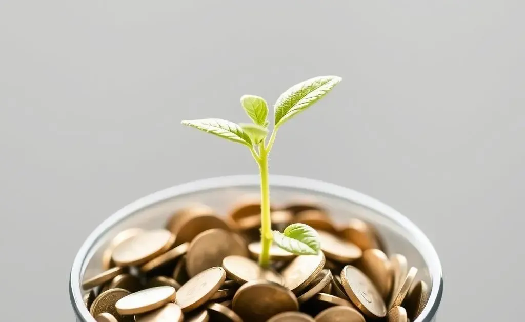 A small plant growing in a pot filled with coins