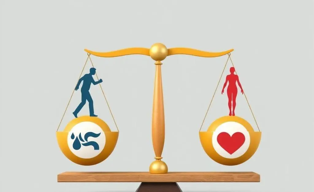 A balanced scale with symbols representing work, leisure, and health, illustrating life balance.