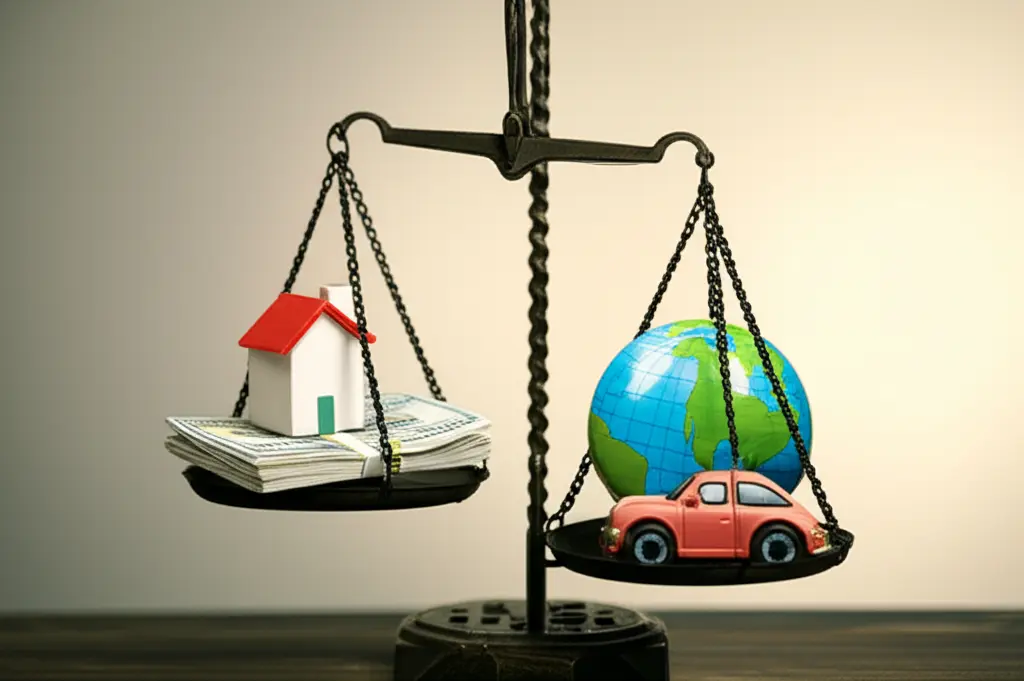 An image showing scales balancing money on one side and lifestyle elements on the other.
