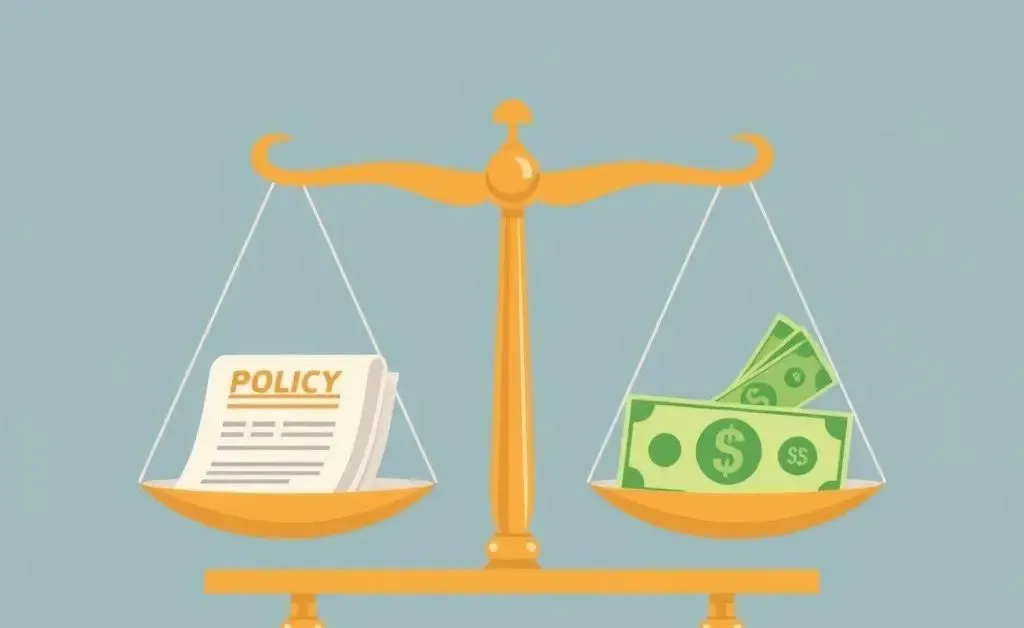 Illustration showing a scale balancing policy documents on one side and money on the other