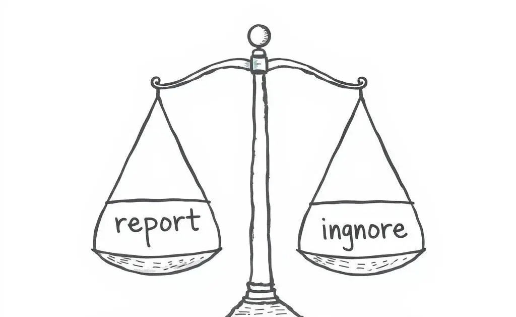 A hand-drawn scale balancing two halves labeled 'report' and 'ignore'