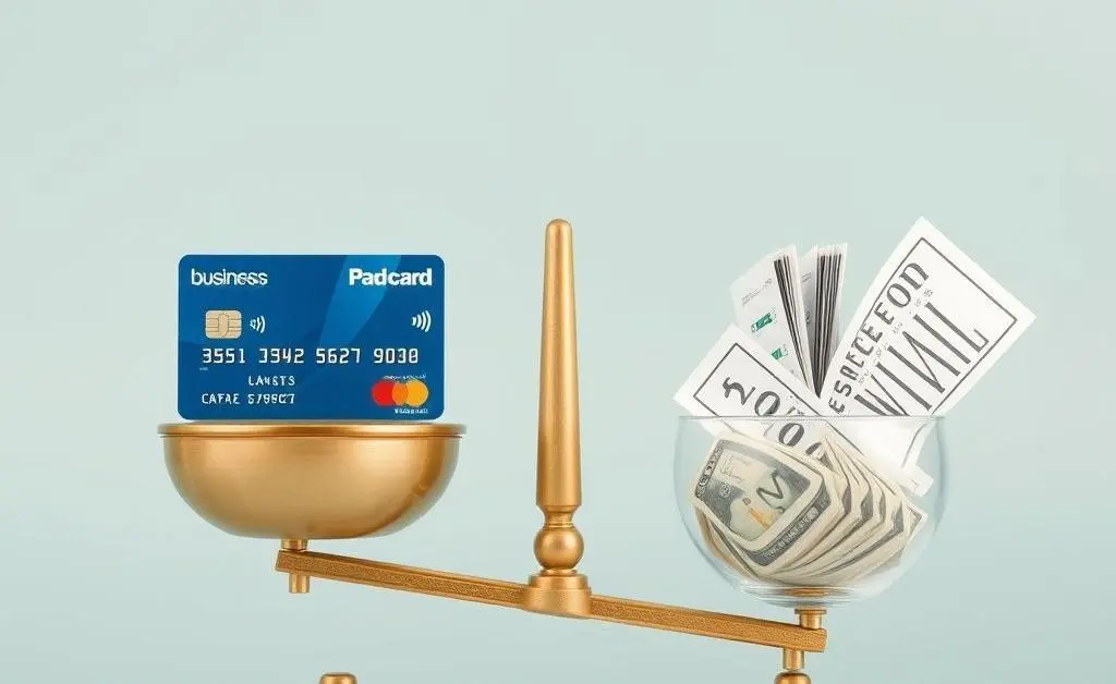 A balance scale with a business credit card on one side and personal expenses on the other.