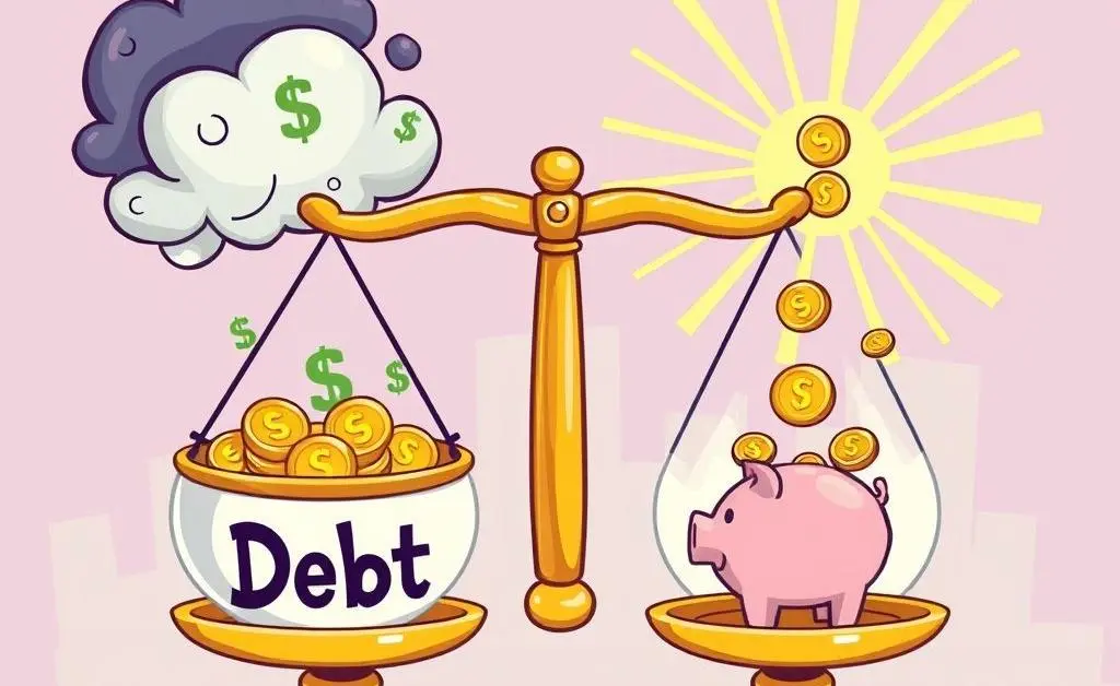 A balance scale with debt on one side and savings on the other