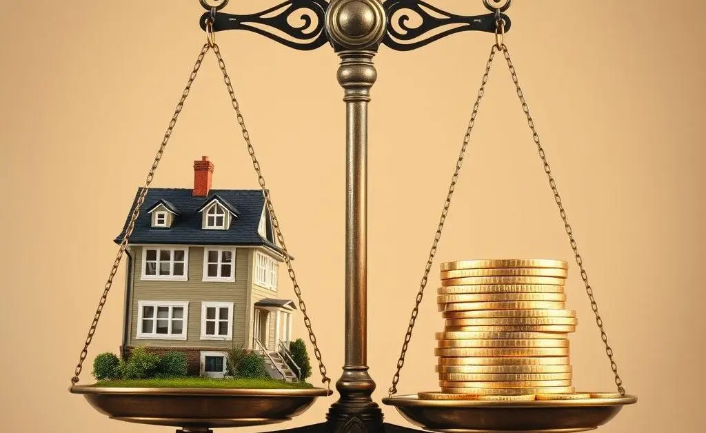 A balance scale weighing a house on one side and a stack of gold coins on the other.
