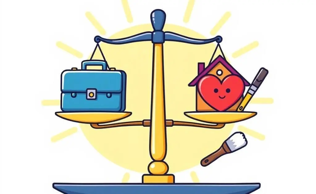 Cartoon-style image of a balance scale with life elements like work and family.