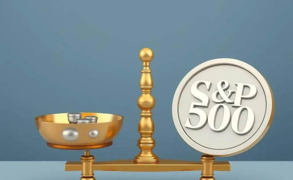 A balance scale with small weights on one side and the S&P 500 logo on the other, showing the weighing of investment options.