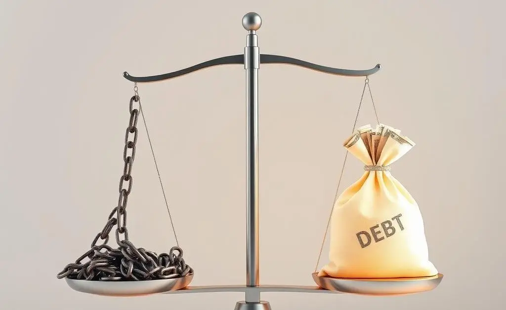A balance scale with debt on one side and financial relief on the other.