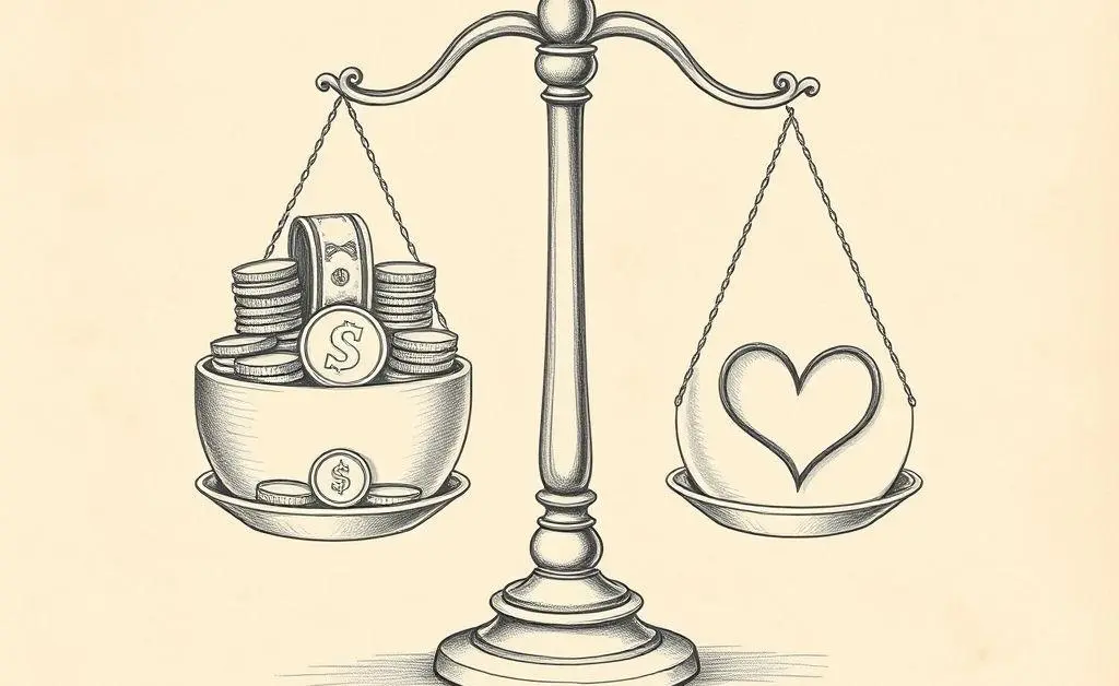 Balance scale with money and heart.